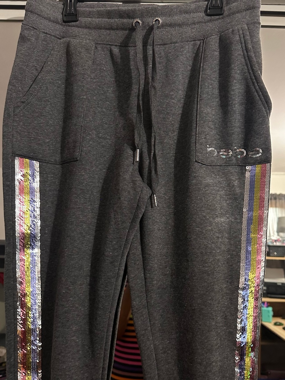 Ladies Dark Gray Sequin-Trim Jogger Sweatpants